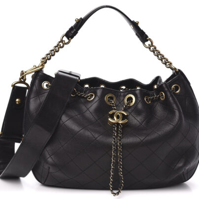 Chanel Paris Rome small drawstring black leather lambskin bag