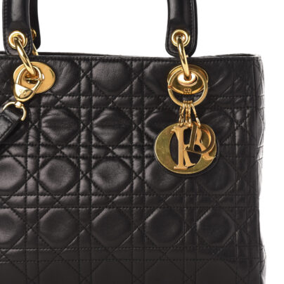 Christian Dior Lady Dior Medium Black Lambskin Leather Bag gold tone hardware