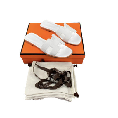 Hermes White Oran flat sandals with box and dust bag