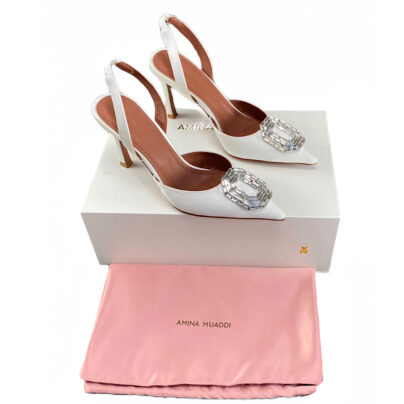 Amina Muaddi Camelia Slingback Leather White Pump Heels