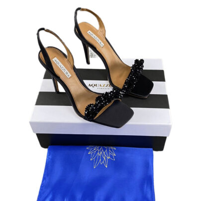 Aquazzura Chain Of Love Black Satin Stiletto Sandals Heels size 38