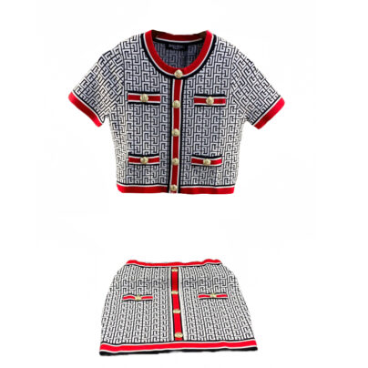Balmain Red and White Cropped Top and Mini Skirt Set Size FR36