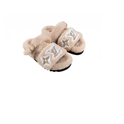 Beige LV Louis Vuitton Paseo Flat Comfort Shearling Fur Mules Slippers