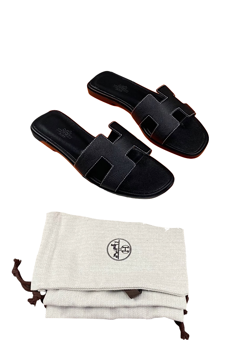 Hermes Oran Sandals Black Epsom Leather Size 37 - Wornright