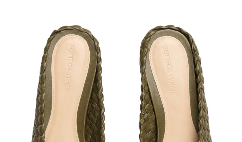 Bottega Veneta Canalazzo Peep Toe Slippers Liana Green Intrecciato leather