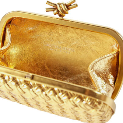 Bottega Veneta Gold Knot Intrecciato leather clutch bag interior