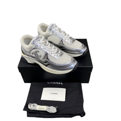 Chanel CC Logo Fabric Laminated Metallic Sneakers Grey Silver