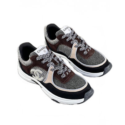 Chanel CC Tweed Suede Leather Sneakers Grey Brown