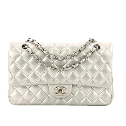 Chanel Classic Double Flap Bag Silver Metallic Lambskin Medium