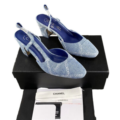 Chanel Denim Slingback Block Heel Sandals