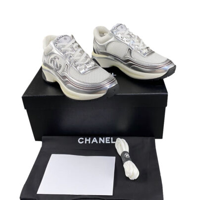 Chanel Metallic Silver Leather Fabric CC Sneakers