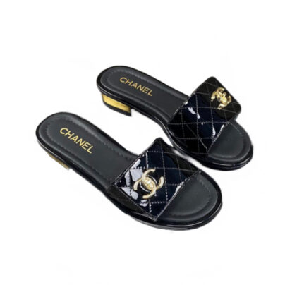 Chanel Patent Leather Goatskin Black CC Sandals Mules