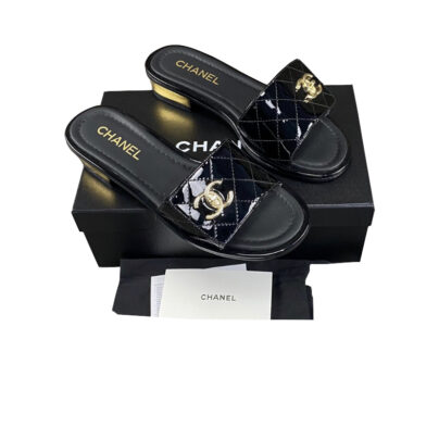 Chanel Patent Leather Goatskin Black CC Sandals Mules New