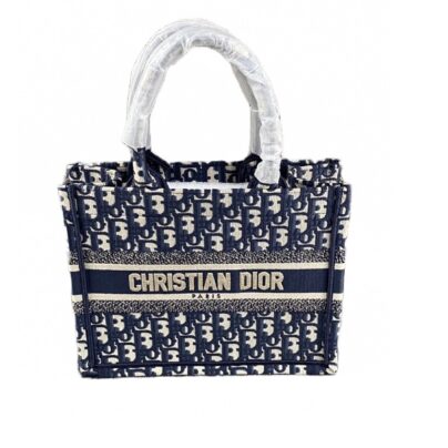 Christian Dior Small Dior Book Tote Navy Blue Oblique Embroidered Bag