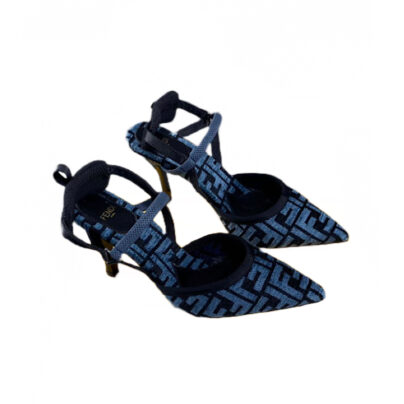 Fendi Colibri Slingback Pumps Dark Blue FF Fabric and Kitten Heel