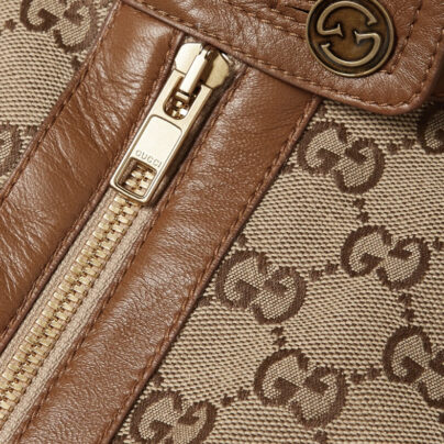 Gucci Aria Brown Canvas GG Leather Jacket zipped