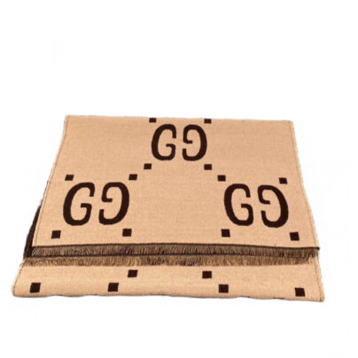 Gucci Beige GG Fringed Wool Scarf and silk
