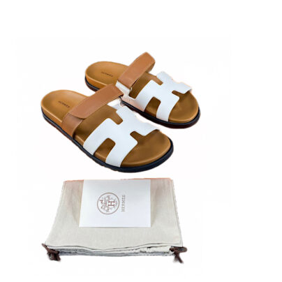 Hermes Chypre Leather Sandals WhiteBrown