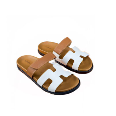 Hermes Chypre Leather Sandals WhiteBrown smooth calfskin