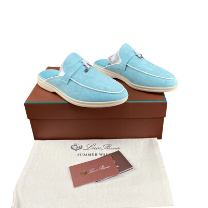 Loro Piana Babouche Charms Suede Blue Slippers