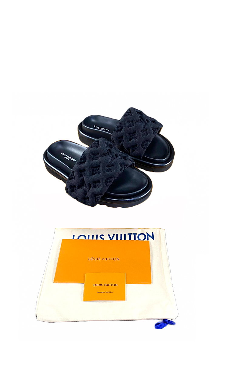 Louis Vuitton Pool Pillow Puffer Padded Black Nylon sliders LV monogram  Size 39