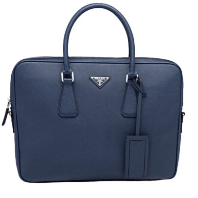 Prada Top Handle Mens Briefcase Laptop Bag Blue Leather