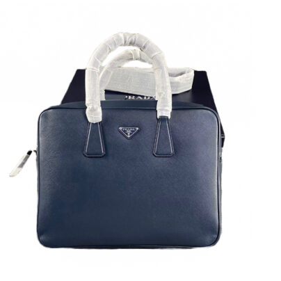 Prada Top Handle Mens Briefcase Laptop Bag Blue Leather Zipped