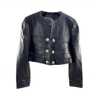 Versace Cropped Black Leather Jacket Size 40