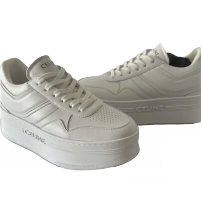 Celine Wedge Block Sneakers White Lambskin Leather Size 38