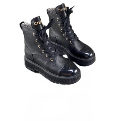 Chanel CC Ankle Leather Boots Black Lambskin Patent leather