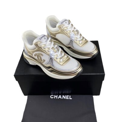 Chanel CC Logo Sneakers Metallic Gold White Silver