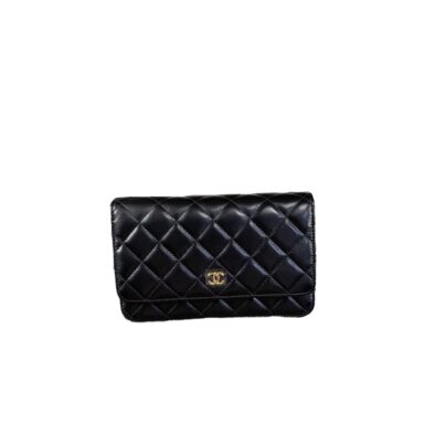 Chanel Quilted Wallet On Chain Black Lambskin Leather Goldtone Hardware