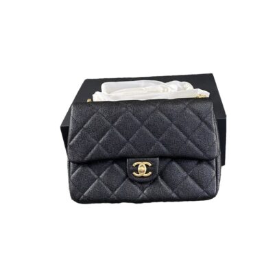 Chanel Small Black Single Flap Bag Quilted Caviar Leather Goldtone Strap