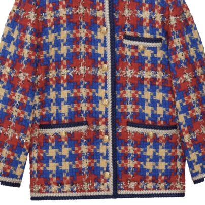 Gucci Collarless Jacket Check Tweed Blue Multicolor