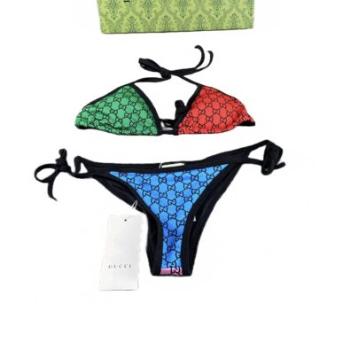 Gucci GG Triangle Multicolor 2 piece swimsuit Green Red Blue