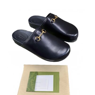 Gucci Womens Horsebit Black Leather Slippers