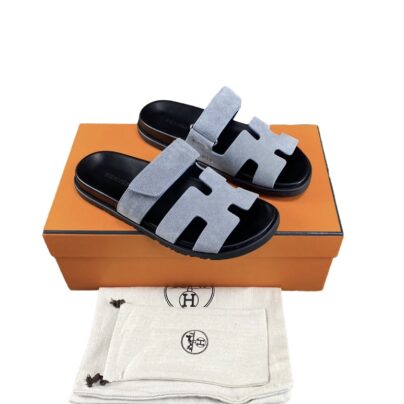 Hermes Chypre Velvet Blue Sandals Black Rubber Sole Size 39