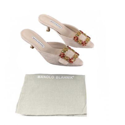 Manolo Blahnik Maysale Mules Beige Suede Crystal Embellished Size 40
