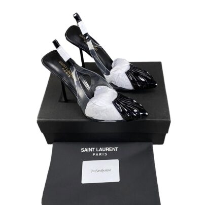 Saint Laurent Chica Slingback Heels Black Patent Leather PVC Size 38
