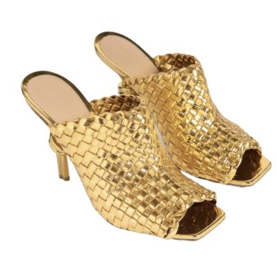 Bottega Veneta Gold Mini Weave Knot Mules Sandals Size 39