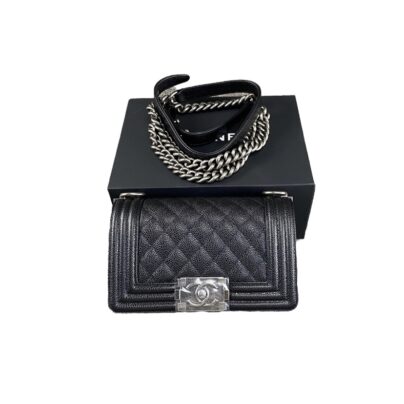 Chanel Boy Small Black Quilted Caviar Leather Bag Silvertone hardware
