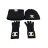 Chanel CC Black Cotton Gloves Scarf and Beanie Hat