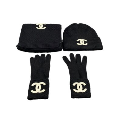 Chanel CC Black Cotton Gloves Scarf and Beanie Hat