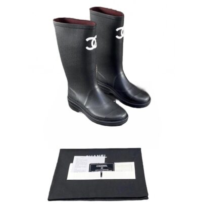 Chanel CC Black Rubber Rain Boots Size 39