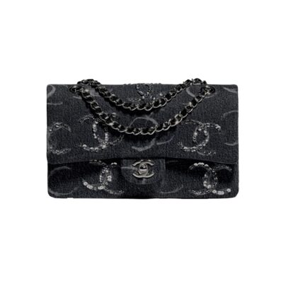 Chanel CC Logo Denim Sequin Medium Classic Black Flap Bag Silvertone Hardware