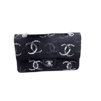 Chanel CC Logo Medium Classic Flap Bag Black Denim and Sequin