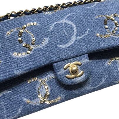 Chanel CC Logo Medium Classic Flap Bag Blue Denim and Sequin