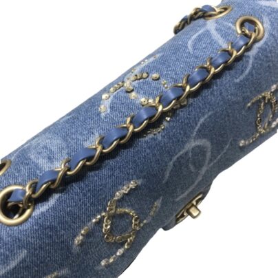 Chanel CC Logo Medium Classic Flap Bag Blue Denim and Sequin aged Goldtone hardware