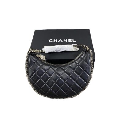 Chanel Chain Around Hook Small Hobo Bag Black Quilted Lambskin Leather Half Moon