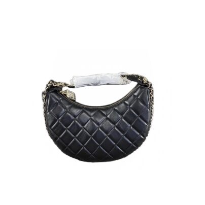 Chanel Half Moon Small Hobo Bag Black Quilted Lambskin Leather Chain Around Hook